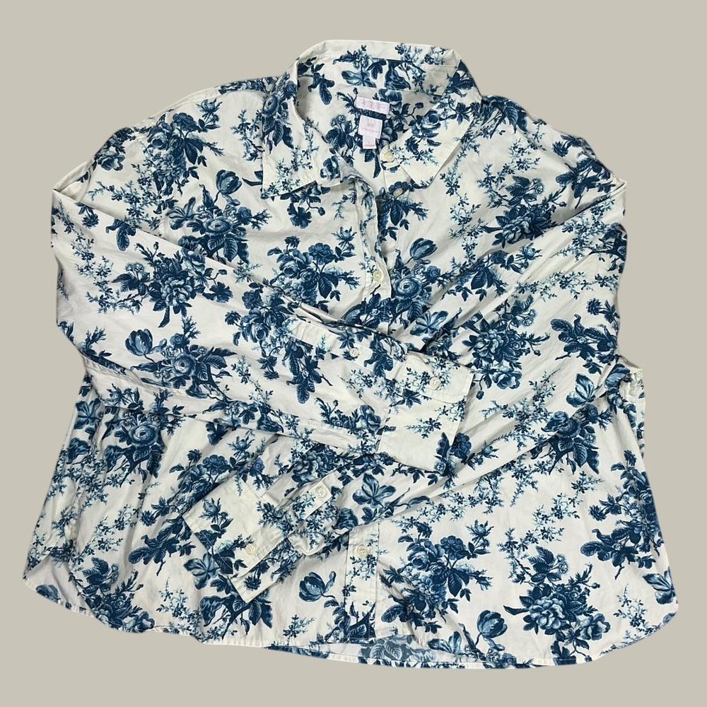 Gap x LoveShackFancy Blue Floral Toile Cropped Organic Cotton Shirt Large